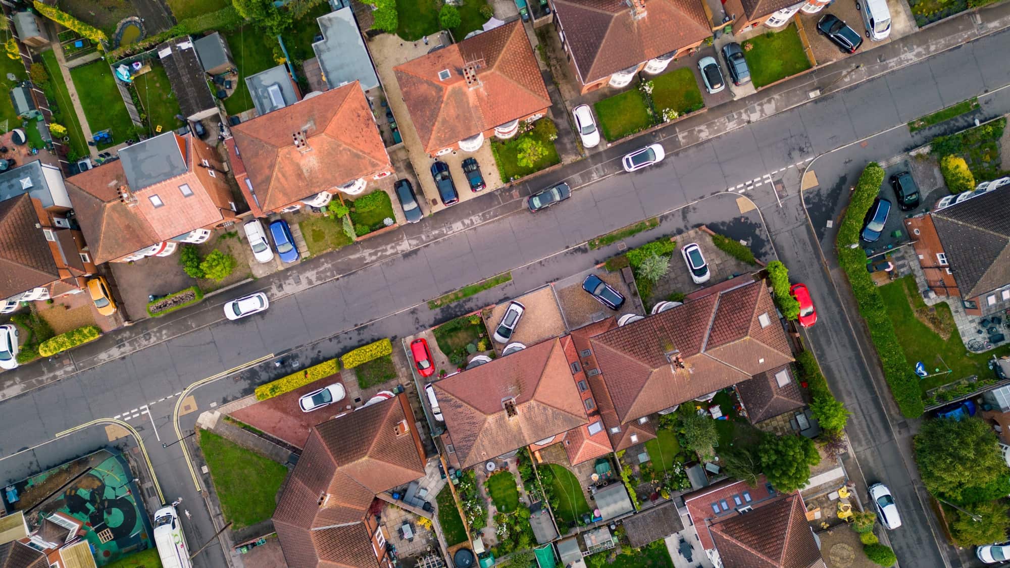 Semi Detached Homes Overhead Overhead view of semi-detached houses, gardens and a residential street.